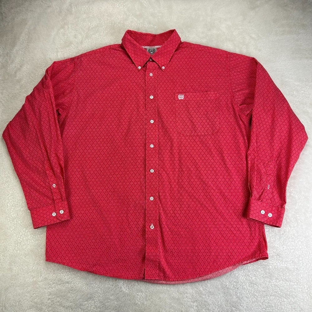 Cinch Button Down Shirt Mens L Red Geometric Classic Long Sleeve Y2K Western